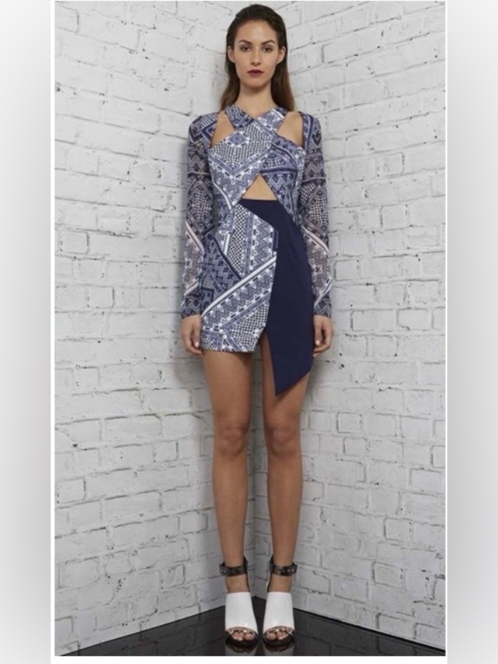 Premonition Moroccan Muse Navy & White Patterned Cutout Long Sleeve Mini Dress